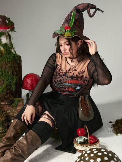 Fairycore Blusa de talla grande para mujer con diseño de parches de color y malla, estilo vintage con motivos de hongos