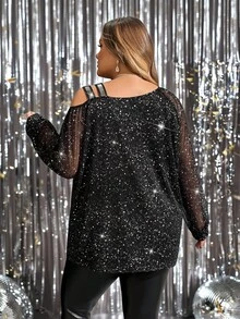 SHEIN CURVE+ Áo thun tay dài in họa tiết bóng trang trí vừa vặn cỡ lớn dành cho nữ, thích hợp cho tiệc tùng, trang phục Giáng sinh - màu đen - Xem 2