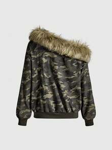 ROMWE J-Fashion Y2K Subculture Rhinestone Camo Print Fuzzy Patchwork Asymmetric Shoulder Sweatshirt For Women - Multicolor - View 2