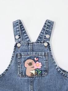 Young Girls Cartoon Printed Denim Bib Pants And Jumpsuit, Loose Straight Leg Overalls, Cute And Casual Style Recommended! Classic Washed Blue Denim Fabric, Cartoon Print Pattern, High Waist Elastic Waistband + Fake Chain Decor, Easy To Wear And Take Off, Straight Leg Design Flatters The Legs. - Medium Wash - View 4