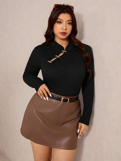 Elaquor Plus Size Elegant Solid Color Stand Collar T-Shirt, Suitable For Commuting, Autumn/Winter