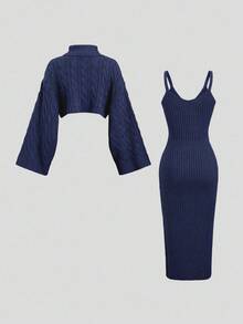 Sweetra Bộ 2 áo len dệt kim thường ngày cho nữ và chân váy dài, áo crop top tay dài cổ lọ dáng rộng và chân váy, mùa thu/đông - Xanh đậm - Xem 2
