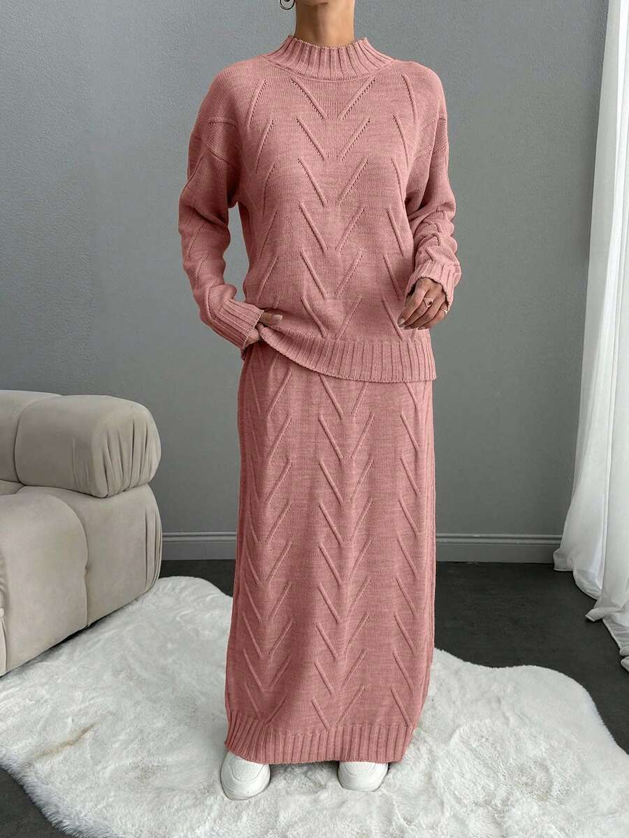 EURMUSE Women Textured Knit Round Neck Drop Shoulder Pullover & Sweater Skirt Set - Dusty Pink - View 1