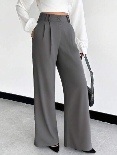 SHEIN PETITE Petite Solid Slant Pocket Wide Leg Suit Pants
