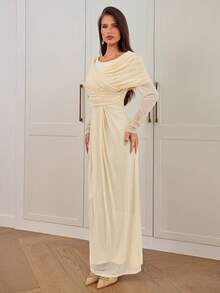 Aloruh Women's Autumn/Winter New Solid Apricot Draped Asymmetric Design Wrap Long Sleeve Dress - Apricot - View 3