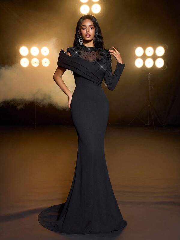 Glamrae Elegant Luxurious Black Elastic Knit Handmade Pearl 3D Floral Stand Collar Wide Shoulder Long Drop Shoulder Ruched Fishtail Maxi Dress, Women's Formal Evening Gown