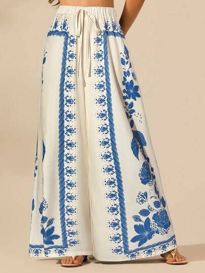 CAJUNI 女士波西米亚风热带植物印花阔腿裤，休闲度假沙滩夏季阔腿裤