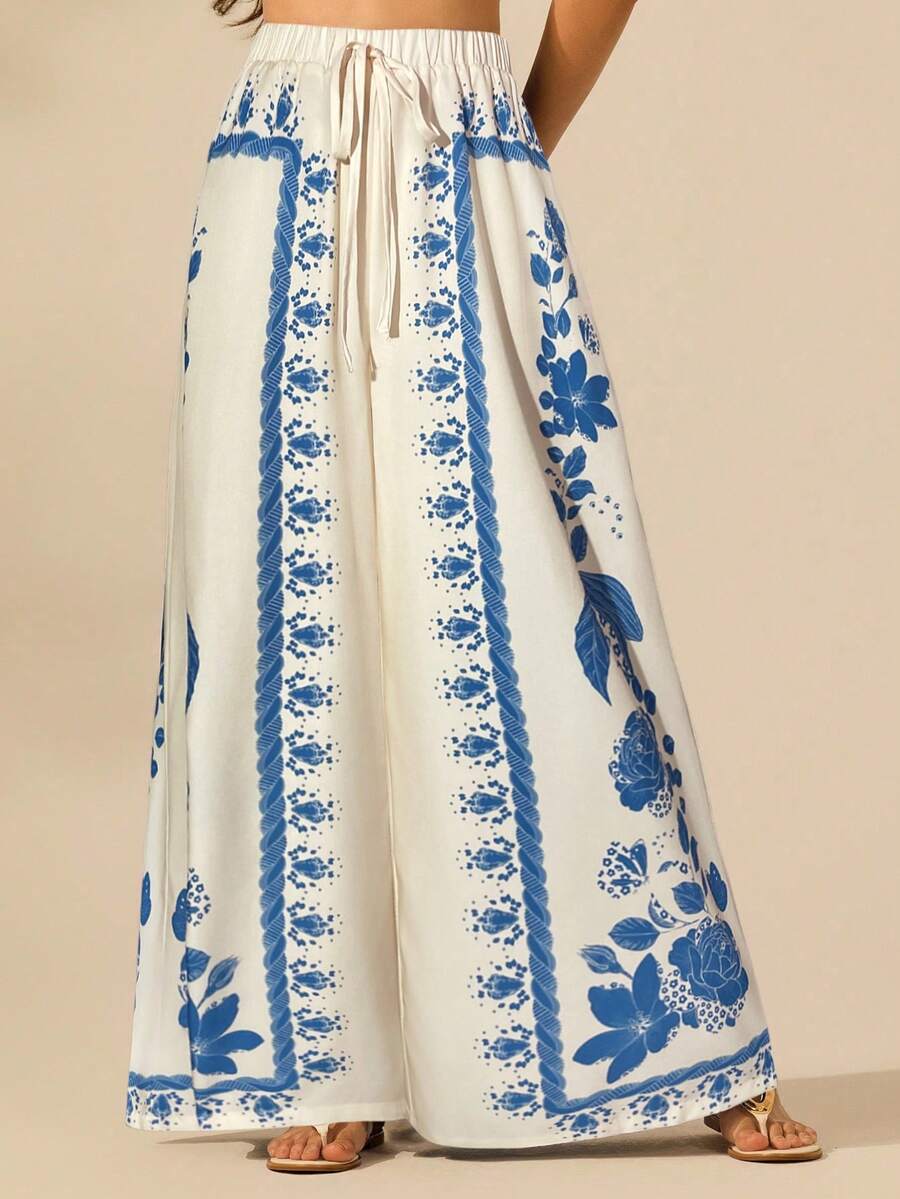 CAJUNI 女士波西米亚风热带植物印花阔腿裤，休闲度假沙滩夏季阔腿裤