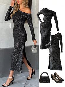 Chiquease Fashionable Sexy Asymmetric Neck Bodycon Dress - Multicolor - View 2