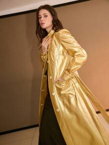 MOTF PREMIUM METALLIC SHEEN PU FASHIONABLE MODERN MID-LENGTH ALL-MATCH VERSATILE BELTED TRENCH COAT, AUTUMN/WINTER