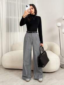 SHEIN Tall 教师装女装灰色褶裥优雅长裤带口袋，秋冬灰色高腰阔腿裤宽松大码裤商务职业女装宽松阔腿裤秋季女装冬季女装外出下装