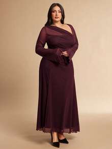 SHEIN BAE 大码女式酒红色长袖连衣裙 - 酒紅色 - 查看 3