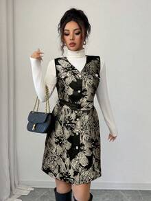 Selianne Abito mini aderente con scollo a V, senza maniche, con texture ricamata e bottoni davanti, elegante e versatile per l'ufficio, stile francese - nero - Visualizzare 5