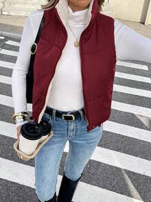 SHEIN Frenchy 女士休闲简约保暖无袖立领羽绒服，冬季 - 酒紅色 - 查看 9