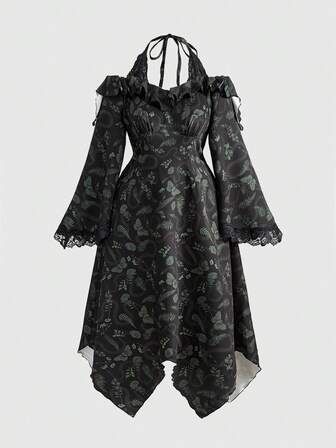 Goth Große Größen Vintage romantisches Kleid mit dunklem Blume Muster und Spitze für Damen, mit Trägerkragen und weiten Ärmeln