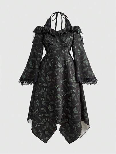Goth Plus Size Vintage Romantic Dark Floral Print Lace Halter Flare Sleeve Dress For Women