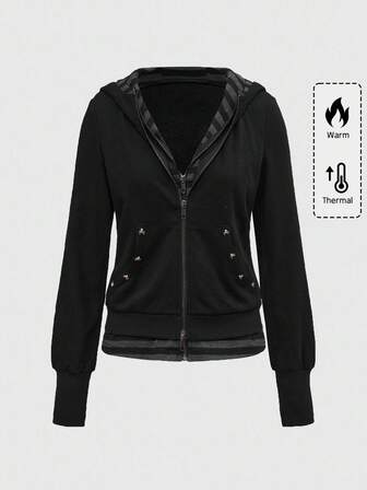 sweat-shirt à capuche vintage noir et gris à l'avant ouvert, style grunge punk Kpop avec crâne et rivets, coupe ample 2 en 1