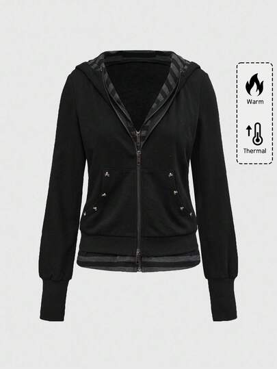 Grunge Punk sweat-shirt à capuche vintage oversize noir et gris 2 en 1 avec crâne, rivets et style grunge punk