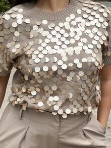 NegzBox FASHIONABLE VERSATILE SEQUIN EMBELLISHED SHORT SLEEVE PULLOVER KNIT SWEATER KNIT PULLOVER FALL WINTER - Khaki - View 4