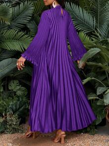 SHEIN Lady New Plus Size Women's Purple Solid Color Stand Collar Drop Shoulder Long Sleeve Loose Pleated Casual Dress Women Church Dress Pleated Maxi Dress Pleated Dress Maxi Long Sleeve Dress Purple Maxi Dress Christmas Dress Winter Dress Women  Four Season Dress Stylish Clothing Collection - Purple - View 2