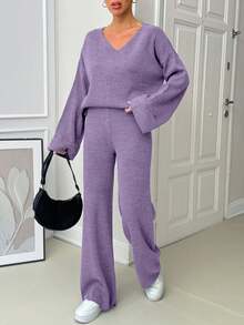 EURMUSE Women V-Neck Flare Sleeve Detailed Sweater And Pant Set - Lilac Purple - View 4