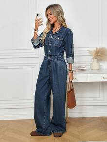 EMERY ROSE 女士袖口纽扣半开襟休闲牛仔连体裤阔腿裤