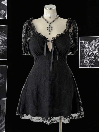 Sunspun Abito mini in stile gotico a-line in pizzo per taglie forti