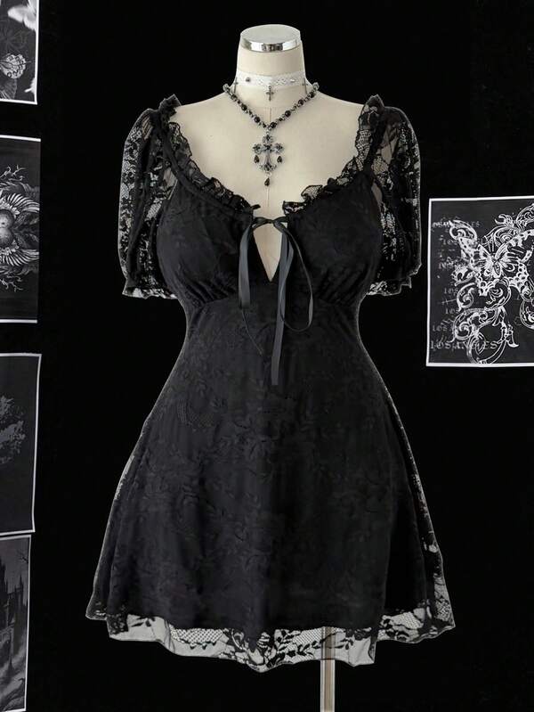 Sunspun Plus Size Women Gothic Style A-Line Mini Lace Dress