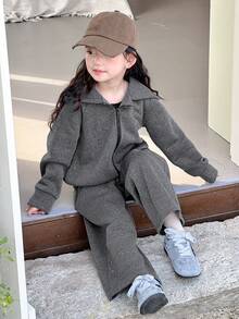 DAZY Young Girl Casual Daily Commute Simple Solid Color Rhinestone Zipper Hoodie And Wide Leg Sweatpants Set, Warm Thermal Lined For Autumn/Winter - Grey - View 6