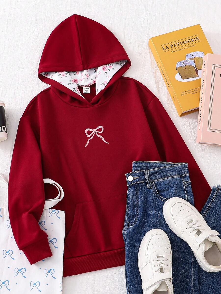少女休闲可爱粉色蝴蝶结刺绣卫衣 - 酒紅色 - 查看 1