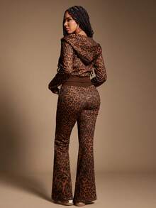 Radiana Damskie seksowne, swobodne spodnie dzwony w stylu retro w kolorze brązowym z niskim stanem i nadrukiem w panterkę, wygodne, codzienne, sportowe, modne i spersonalizowane - Wielokolorowe - Zobacz 3