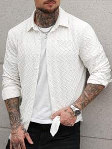 Manfinity CasualCool Camisa masculina casual de manga comprida com botões frontais e textura lisa, em cor sólida, ideal para o outono.