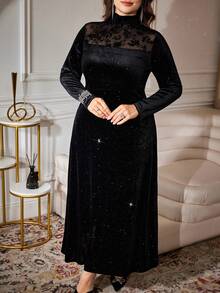 Modelyn Robe longue à manches longues avec patchwork en maille et décoration de cristaux, automne/hiver, grande taille - Noir - Voir 5