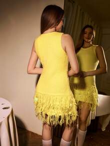 Muvela Váy len tua rua cổ tròn không tay đính sequin cho nữ, thanh lịch cho Giáng sinh, Ngày lễ tình nhân, Hẹn hò, Thu/Đông, Tiệc tùng, Tụ tập bạn bè, Lấp lánh, Sinh nhật - Màu vàng - Xem 5