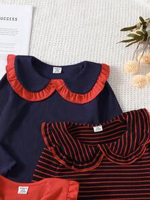SHEIN 3pcs Baby Girls' Elegant Ruffle Collar Striped Long Sleeve T-Shirt, Cute & Fashionable For Home, Outings, Vacation, All Seasons - Multicolor - View 6