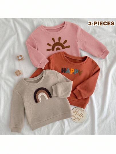 Loomiva 3pcs Baby Girl Rainbow Pattern Knit Soft Crew Neck Long Sleeve Pullover Sweatshirt Set