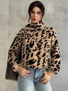 Firerie Women's Elegant Daily Casual Street Fashion Commute Versatile New Leopard Print Long Sleeve Sweater With Scarf, Autumn/Winter - Coffee Brown - View 2