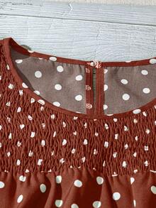 EMERY ROSE Plus Size Women's Polka Dot Ruched Double Layer Sleeve Casual Everyday Blouse - Brown - View 5