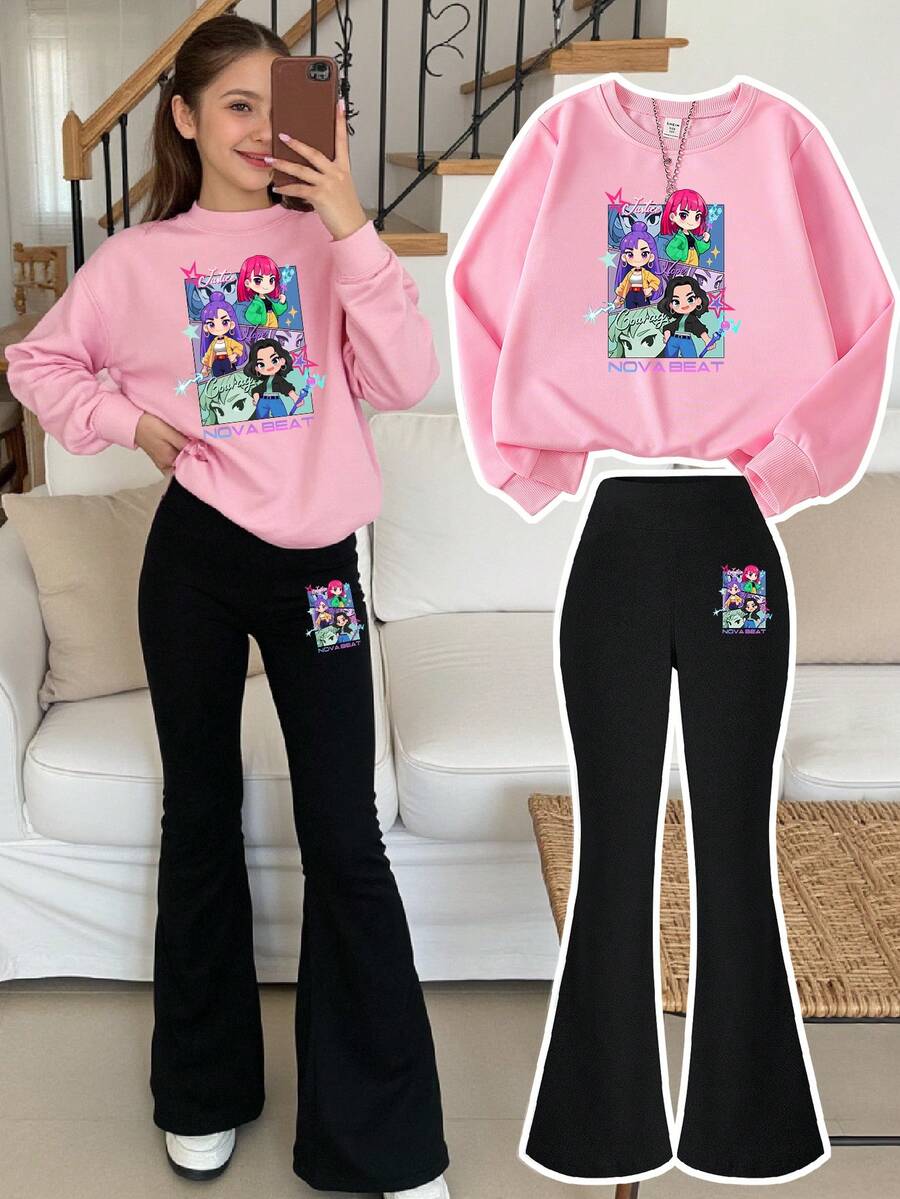 SHEIN K-POP卡通女孩图案粉色圆领卫衣搭配黑色喇叭裤,休闲少女风套装,可爱时尚,适合休闲旅行、校园、聚会等场合,卡通K-POP女孩图案,带有K-POP人物和标志,两件套 - 彩色 - 查看 1
