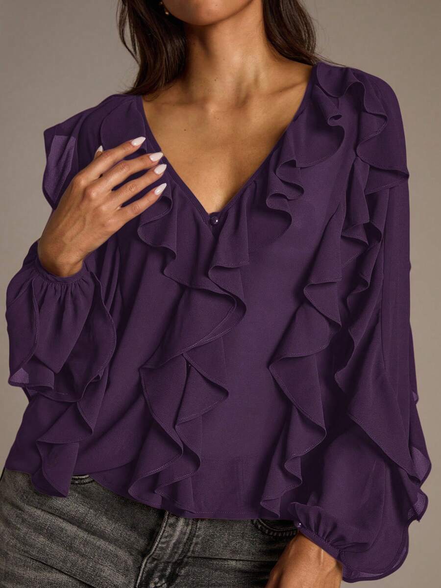 Aloruh Women's Sheer Blouse With Ruffled Deep V Neck Long Sleeve, Purple, Autumn/Winter New Arrival, Elegant Bohemian - Purple - View 1