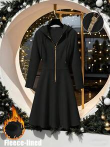 GlowEve 女士针织金色拉链装饰连帽卫衣连衣裙，法式休闲日常通勤时尚，法式优雅街头复古百搭假日商务米色/象牙色长袖连衣裙，秋冬款