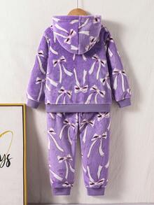 Elladie kids 2件組少女秋冬套裝，紫色蝴蝶結毛絨連帽衛衣與內搭褲居家服，休閒長袖家庭親子款套裝 - 紫色 - 查看 2