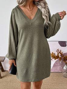 EMERY ROSE New Arrival Plus Size Women Casual V-Neck Lantern Sleeve Dress Fall - Army Green - View 4