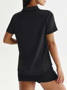 Dewbera Women's Casual Loose Fit Mesh Splice Polo Shirt, Suitable For Daily Wear, Running, Yoga, Gym, Tennis, Golf, Etc. Spring/Summer/Autumn Polo Dress Women - Black - View 2