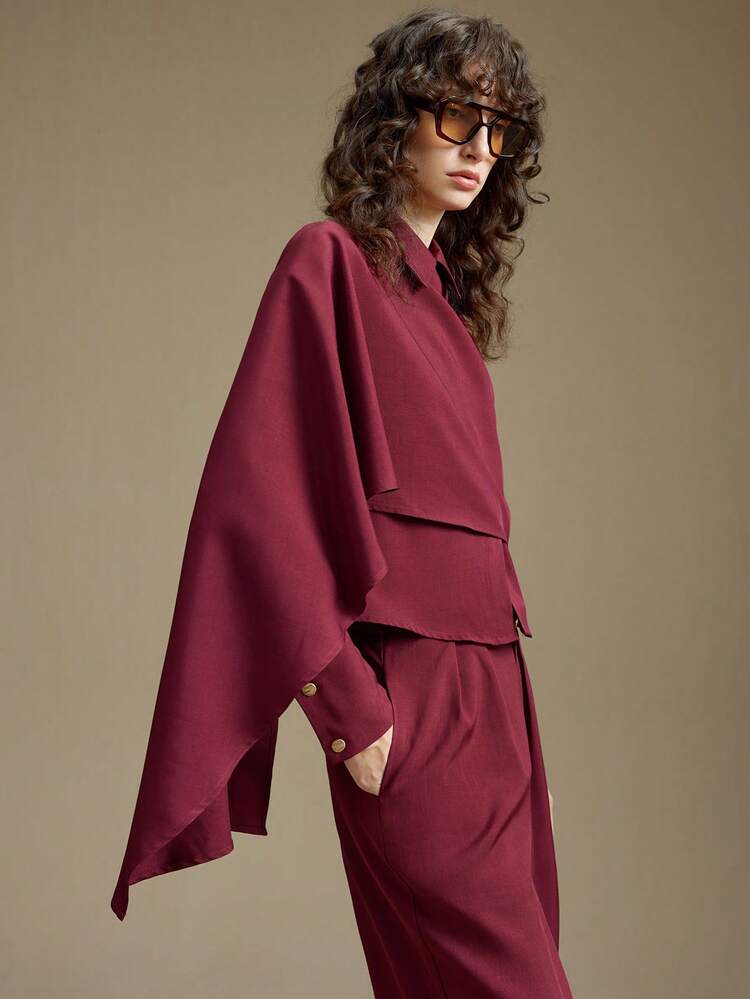 2pcs Women's Burgundy Autumn Elegant Semi Formal Winter New Year Party Outfit,Minimalist Blouse And Wide Leg Pants Set For Office,Holidays,Christmas