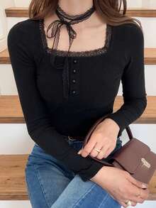 FRIFUL Women's Fashionable Elegant Lace Trim Square Neck Blouse - Black - View 1