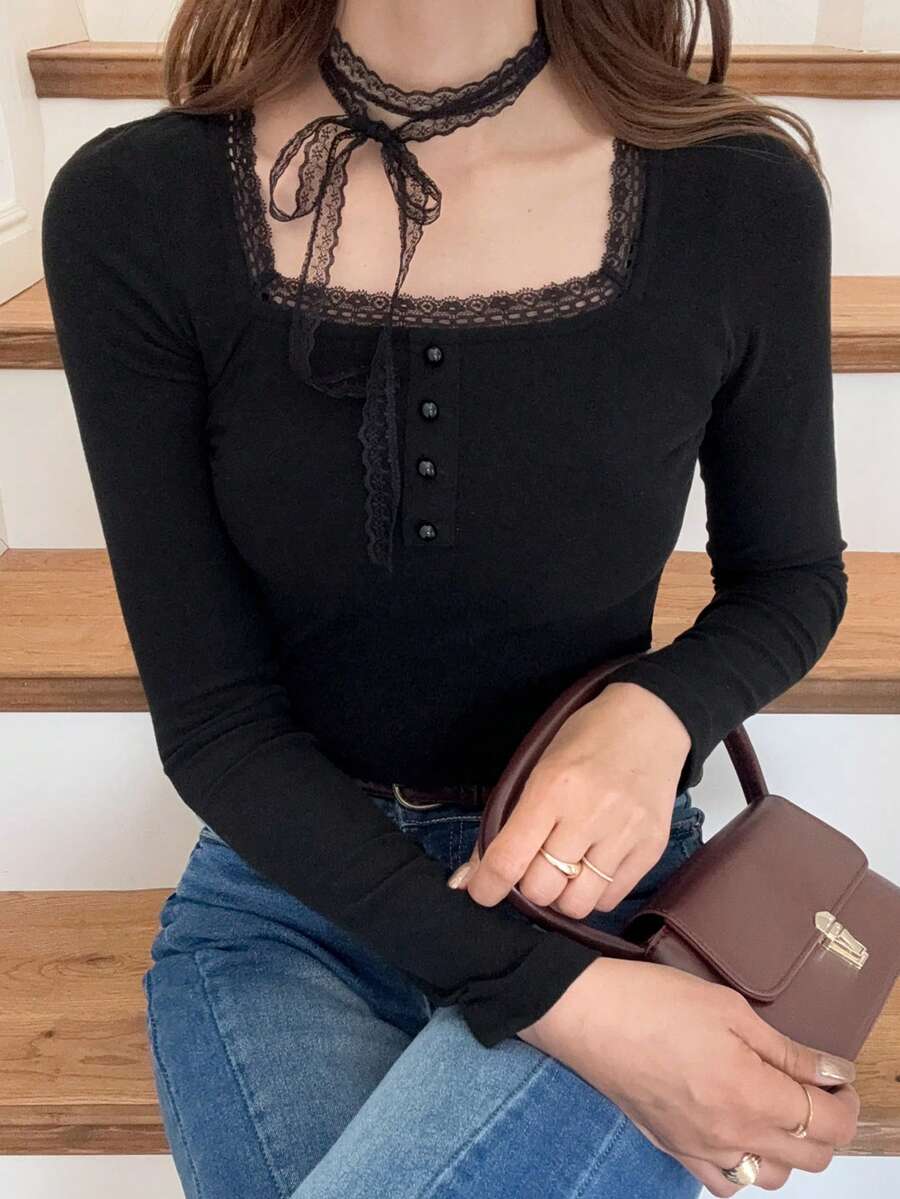 FRIFUL Women's Fashionable Elegant Lace Trim Square Neck Blouse - Black - View 1