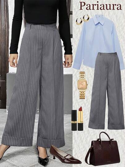 Pariaura Pleated Waist Belt Loop Straight Leg Casual/Work Wear Women Striped Pants