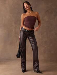 SHEIN BAE 女士纯色简约长裤，休闲日常穿着 - 咖啡棕 - 查看 6