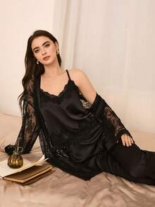 Moireta 优雅成熟迷人蕾丝睡袍、吊带背心和裤子女士睡衣套装 - 黑色 - 查看 2